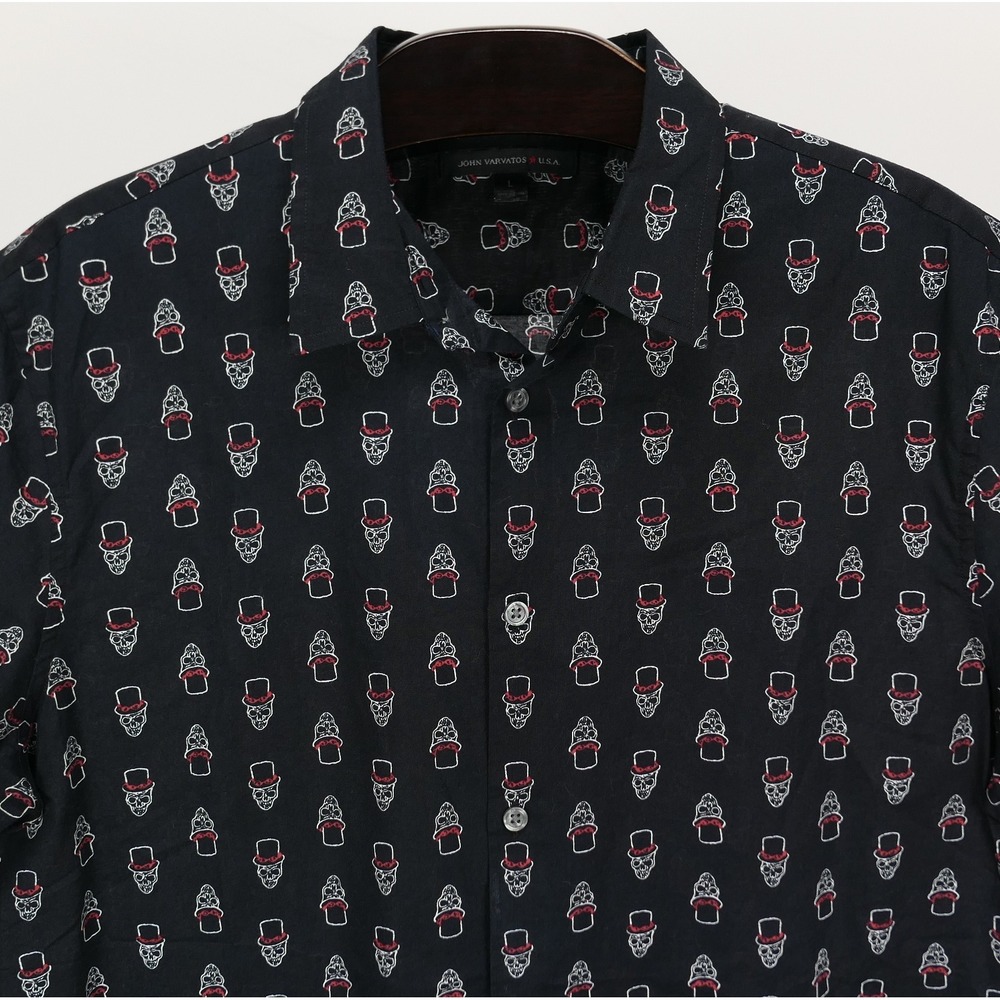 John Varvatos Button Down L Slash Skull Top Hat Print Mens S/S Shirt Rock & Roll - Picture 4 of 10